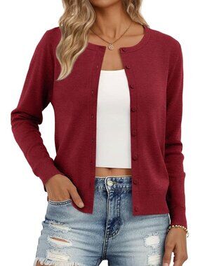 Trendy Queen Women's Wine Crew Neck Lightweight Knit Cardigan Sweaters